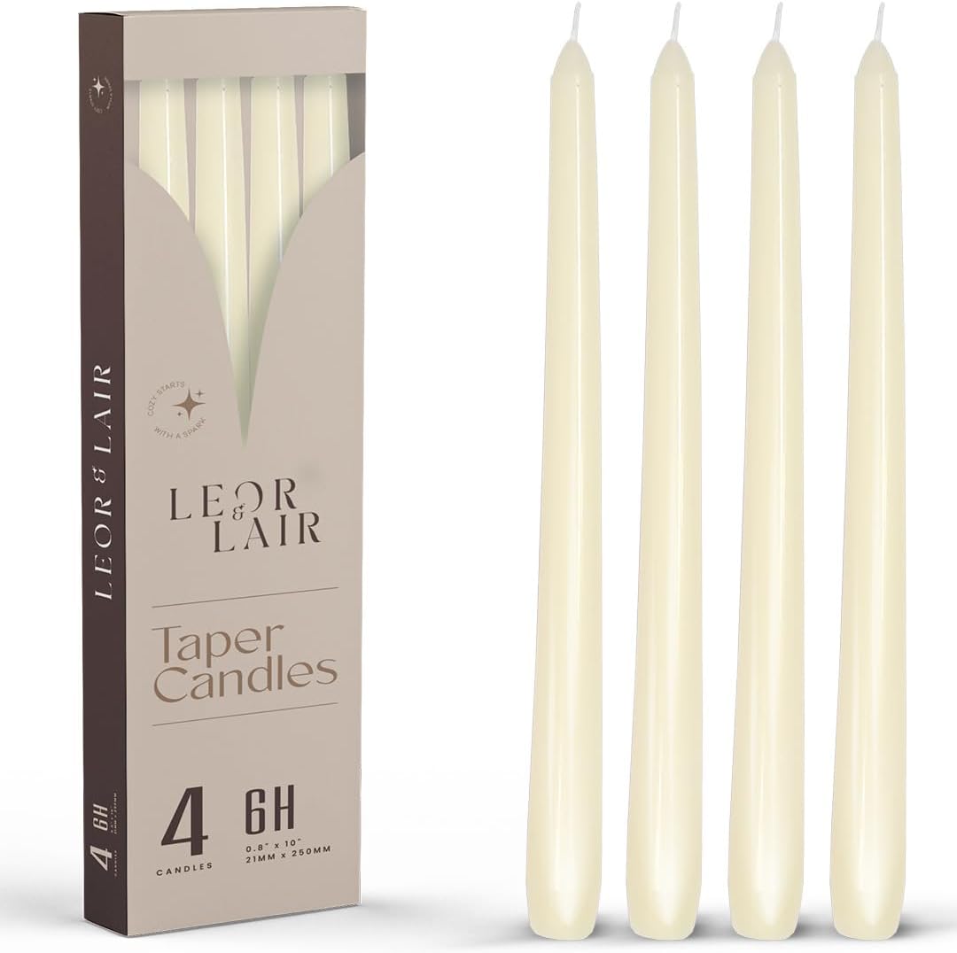 Leor & Lair Ivory Taper Candles - 4 Pack 10" Ivory Candlesticks - Unscented Cream Candle Sticks for