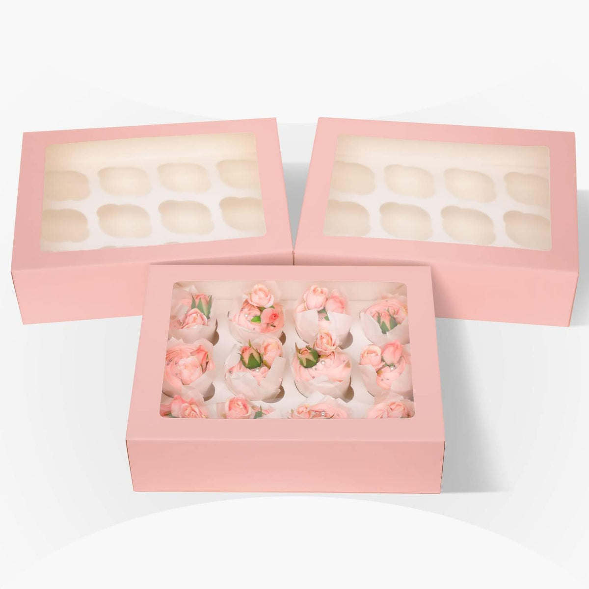 Bakepacker Auto-pop up 12 Cupcake Containers 6-Packs Pink Cupcakes Carrier, 12 Cupcake Boxes with