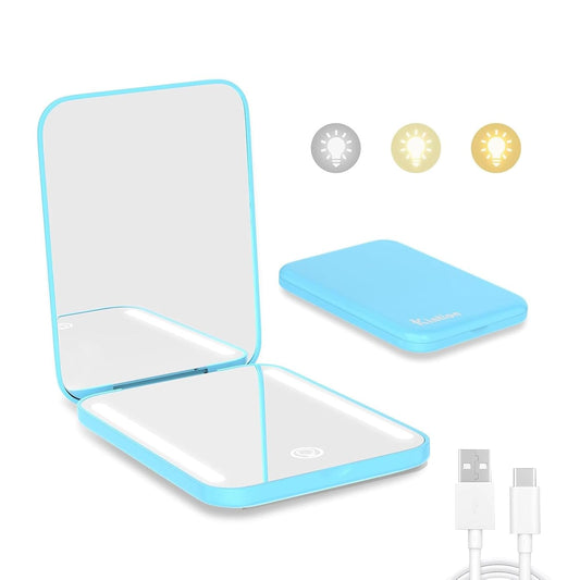 Kintion Rechargeable Pocket Mirror, Double Sided 1X/3X Magnification Compact Vanity Mirror, 3 Color