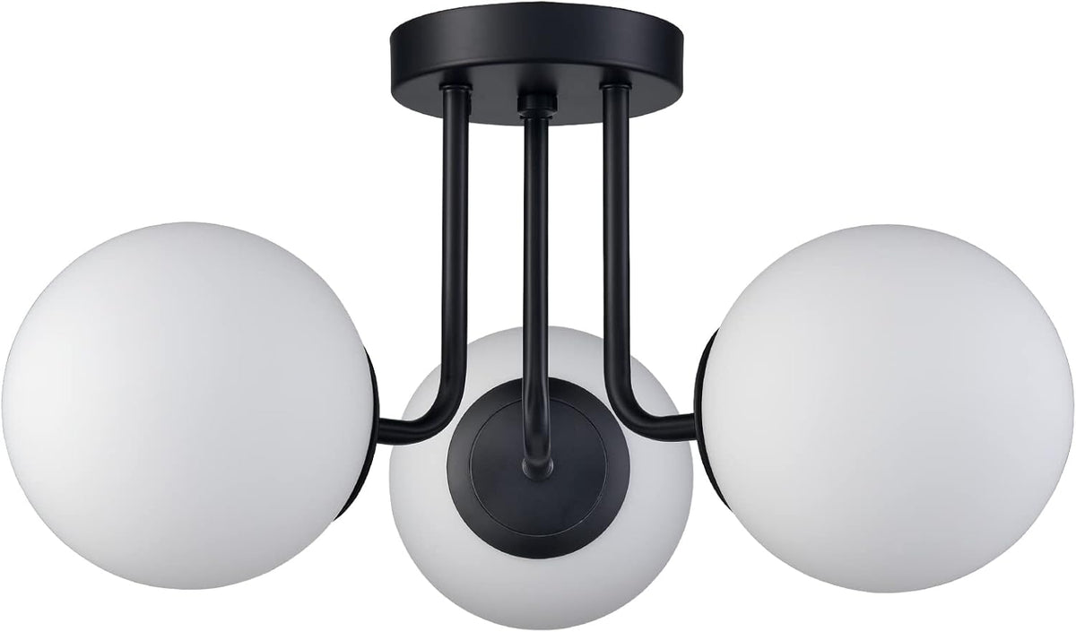 3-Light Modern Black Metal Semi Flush Mount Ceiling Light with White Globe Glass Shade Ceiling