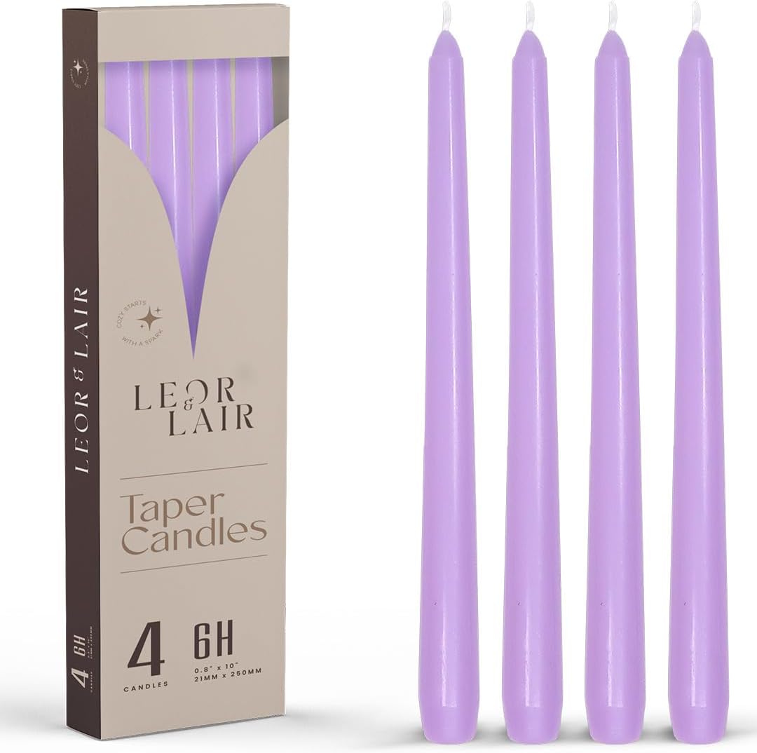 Leor & Lair Light Purple Candlesticks - 4 Pack 10" Long Candles - Unscented Long Burning Purple