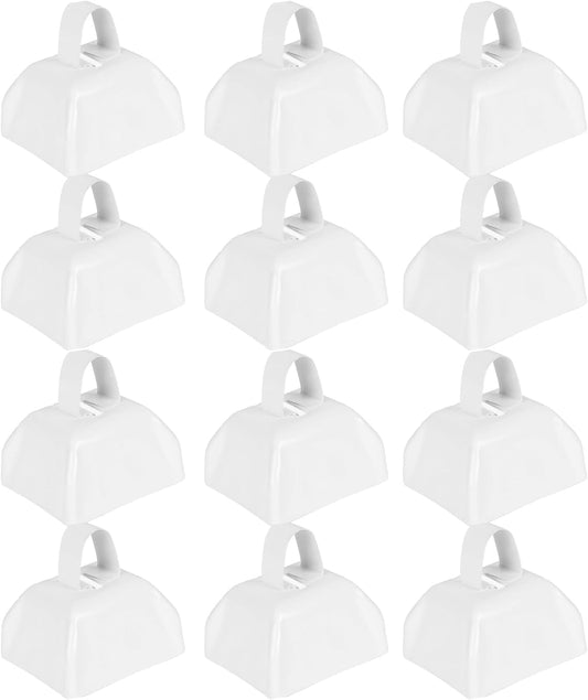 Cow Bells Noise Makers for Sporting Events: 12 Pcs Small White Cowbells with Handle Loud Bells Bulk