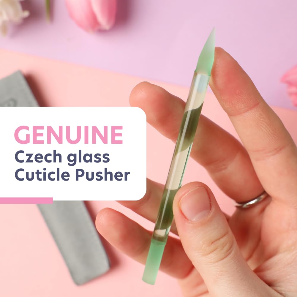 Bona Fide Beauty Czech Glass Cuticle Pusher (Jade Color) with Microfiber Sleeve, Gentle Manicure