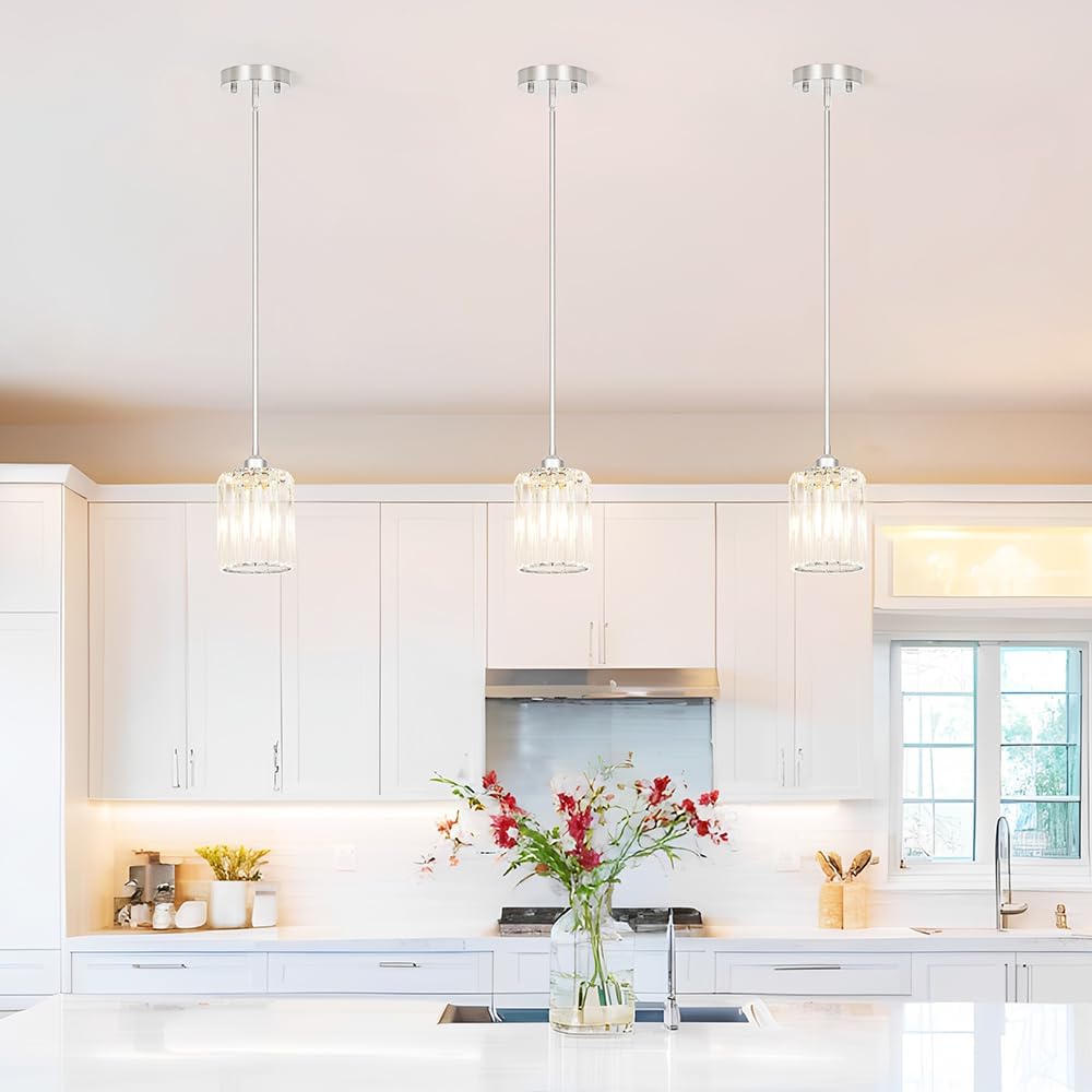 Chrome Kitchen Pendant Lights Over Island with Adjustable Rods - Crystal Pendant Lighting Fixtures