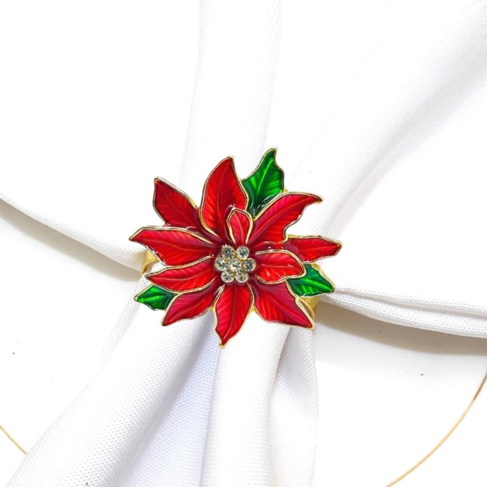 Poinsettia Napkin Rings Set of 6, Xmas Party Red Flower Napkin Holder Buckles, Thanksgiving