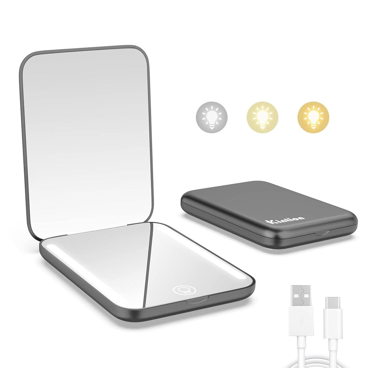 Kintion Rechargeable Pocket Mirror, Double Sided 1X/3X Magnification Compact Vanity Mirror, 3 Color