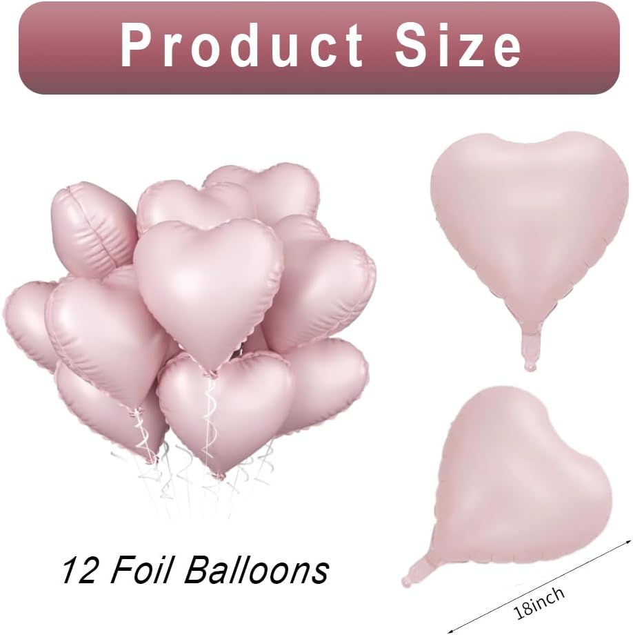 Baby Pink Heart Balloons,12 Pcs 18 Inch Large Pearl Mylar, Pastel Helium Foil Balloon for Boho