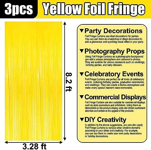 3 Pack Macaron Yellow Foil Fringe Curtain Backdrop, 3.28Ft x 8.2Ft Metallic Tinsel Foil Fringe