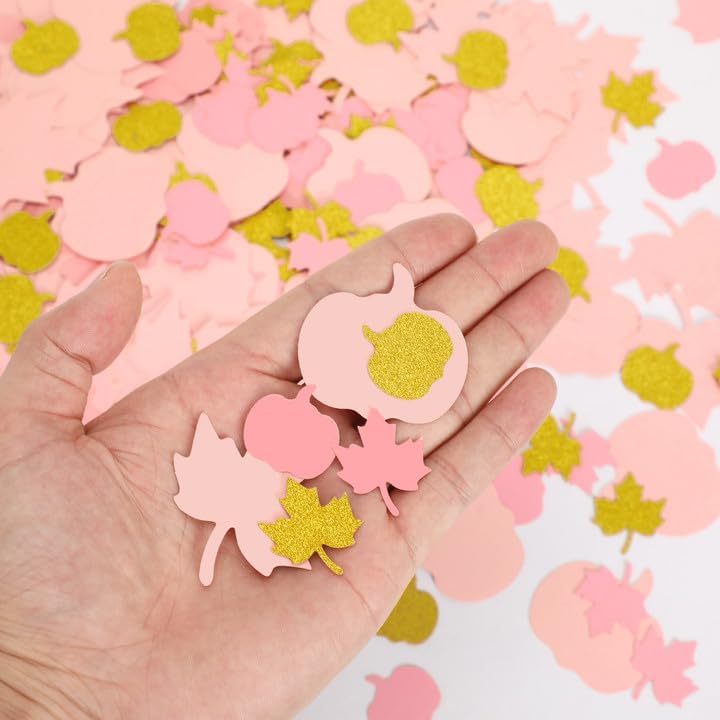 MARFOREVER 350 Pcs Fall Thanksgiving Pink and Gold Pumpkin Maple Leaf Confetti, Little Pumpkin Baby