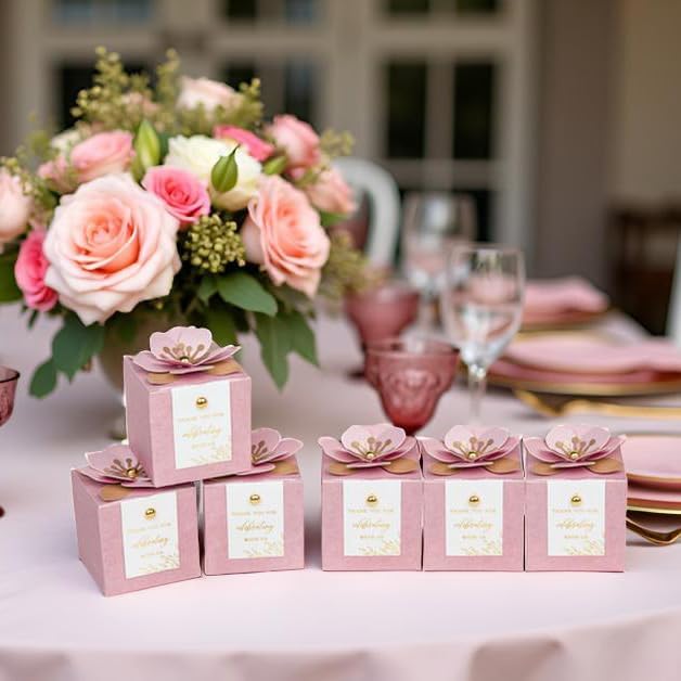 FEIYI 20 PCS Favor Boxes, 3 In 1 Dusty Rose Candy Boxes with Floral Decor, White Thank You Tags