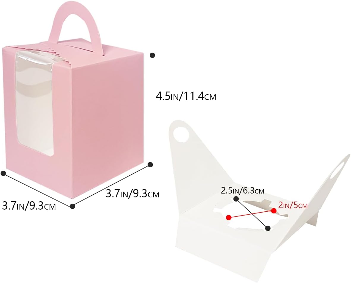 Bakepacker Auto-pop up Individual Cupcake Boxes with Window 25 Count Pink Single Cupcakes Box 3.6 x