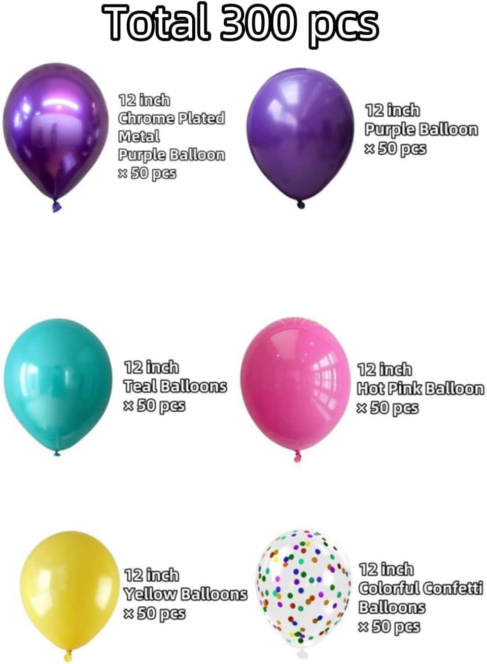 300 Pcs Mermaid Balloons Set, 12 Inches Purple Metallic Purple Teal Hot Pink Yellow Latex Balloons