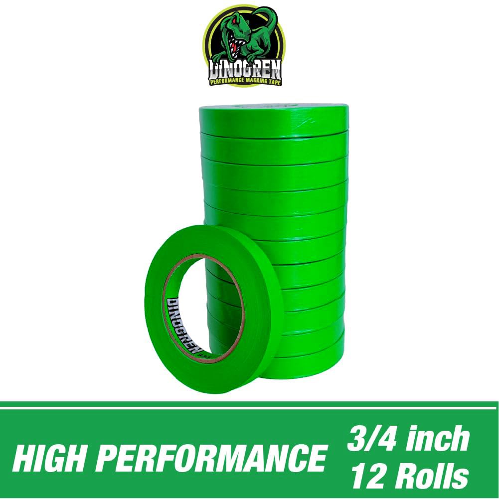 LAUCO DINOGREN High Performance Automotive Masking Tape (0.75 in x 60 yd, 12 Rolls) – Green Crepe
