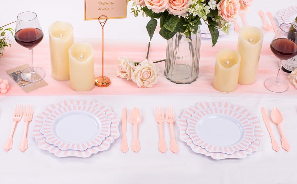 COLOSUS 150pcs Disposable Pink and White Stripped Plastic Plates and Silverware set, Light Pink