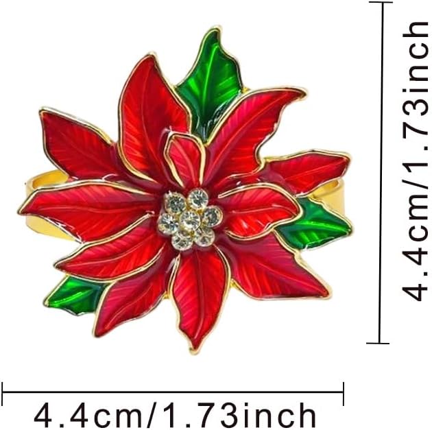 Poinsettia Napkin Rings Set of 6, Xmas Party Red Flower Napkin Holder Buckles, Thanksgiving