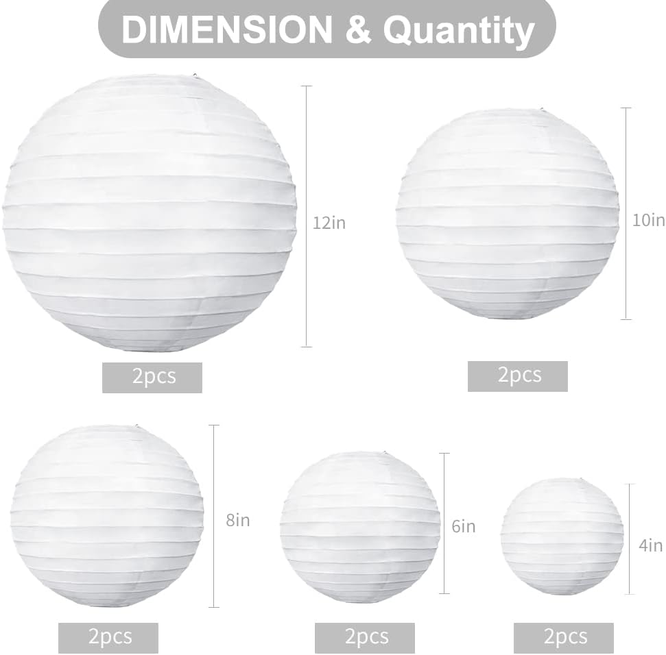 BEISHIDA 10Pcs White Paper Lanterns Decorative Chinese/Japanese Hanging Round Paper Lanterns Lamp