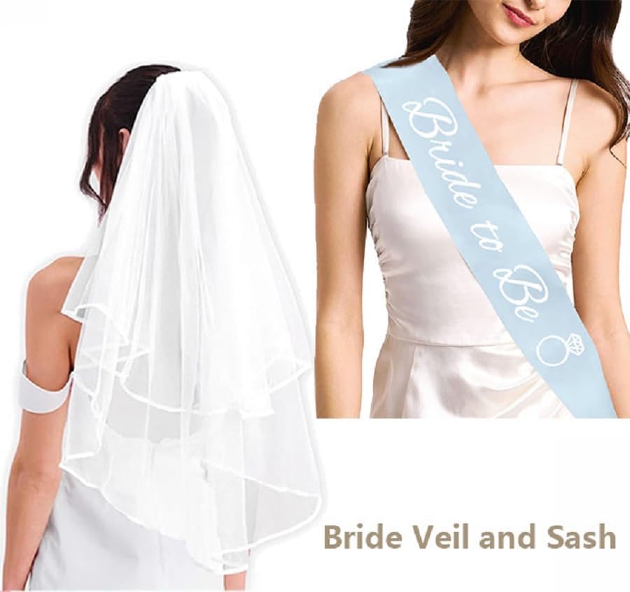 4PCS Bachelorette Blue Sash and Veil for Bride Party, Bride To Be Accessories for Bridal Shower