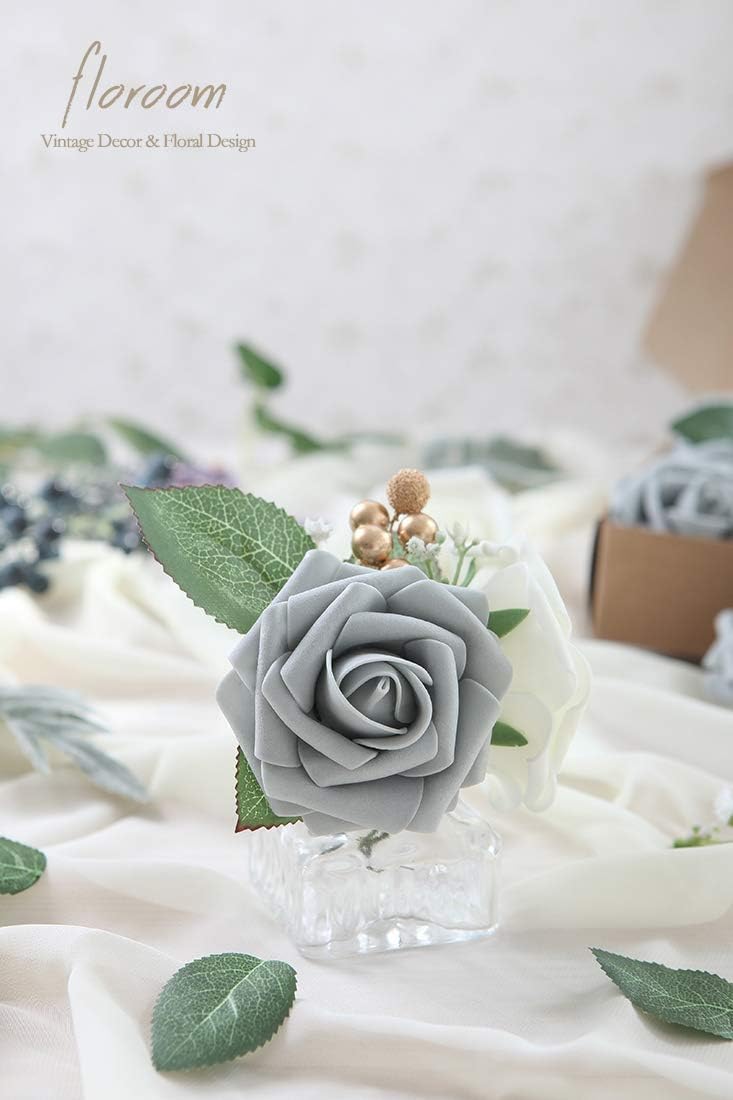Floroom Artificial Flowers 25pcs Real Looking Silver Grey Foam Fake Roses with Stems for DIY