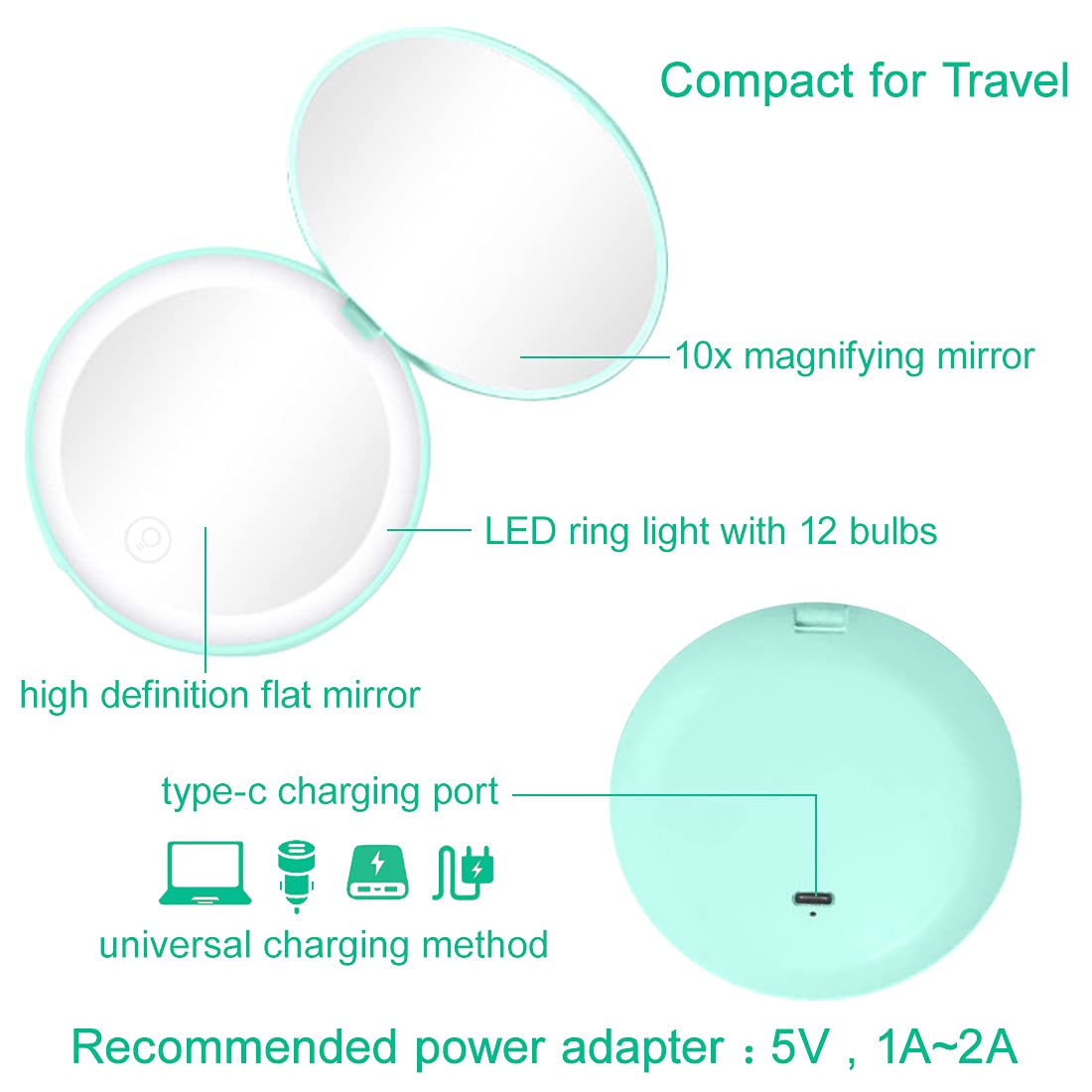 Compact Mirror with LED Light,1x/10x Magnifying Rechargeable Mirror,3.5in, Dimmable Travel Mirror