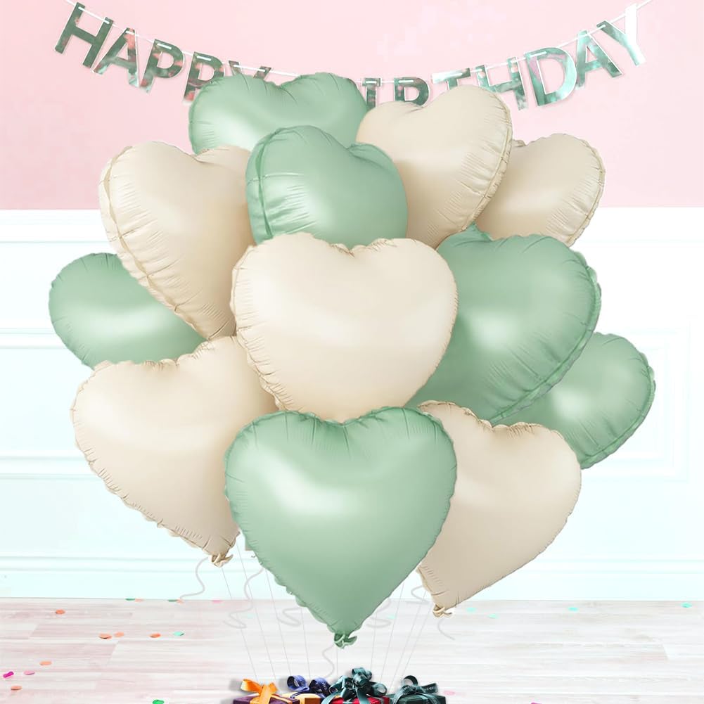 Baby White Heart Balloons，18 Inch Light Green Helium Foil Love Heart Shaped Balloons for