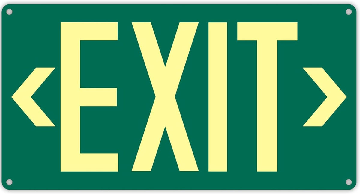1Pack Photoluminescent Exit Sign Green - Aluminum -14.25"x 7.5" Glow In The Dark Adhesive Backing