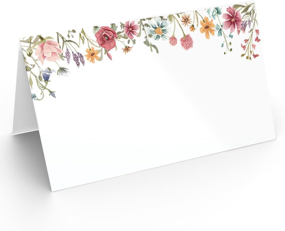 Printed Party Place Cards for Table Setting – Set of 25 Blank Name Cards – Wildflower Design for