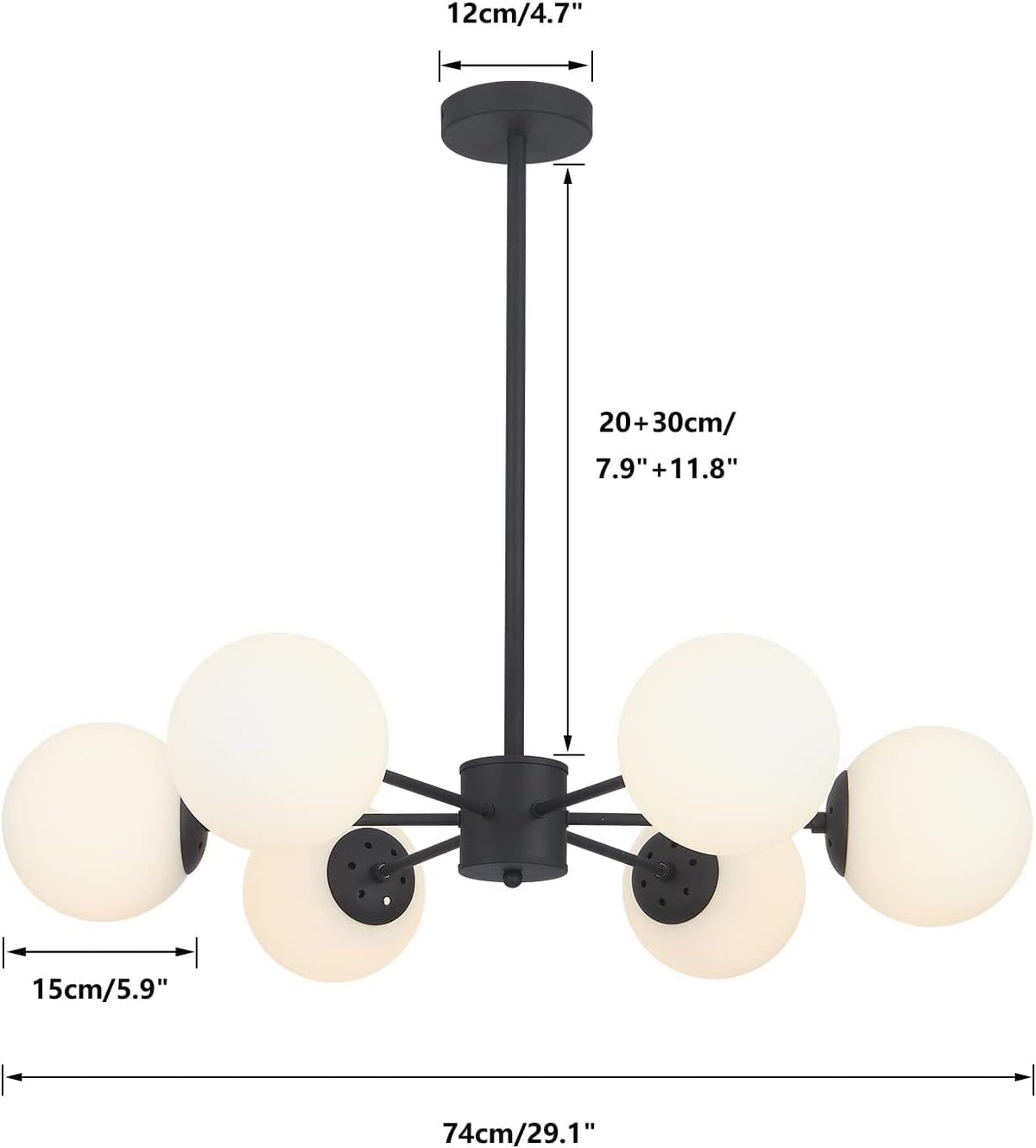 KCO Lighting Matte Black Sputnik Chandelier Light Fixture Mid Century 6-Light Milk Glass Ball