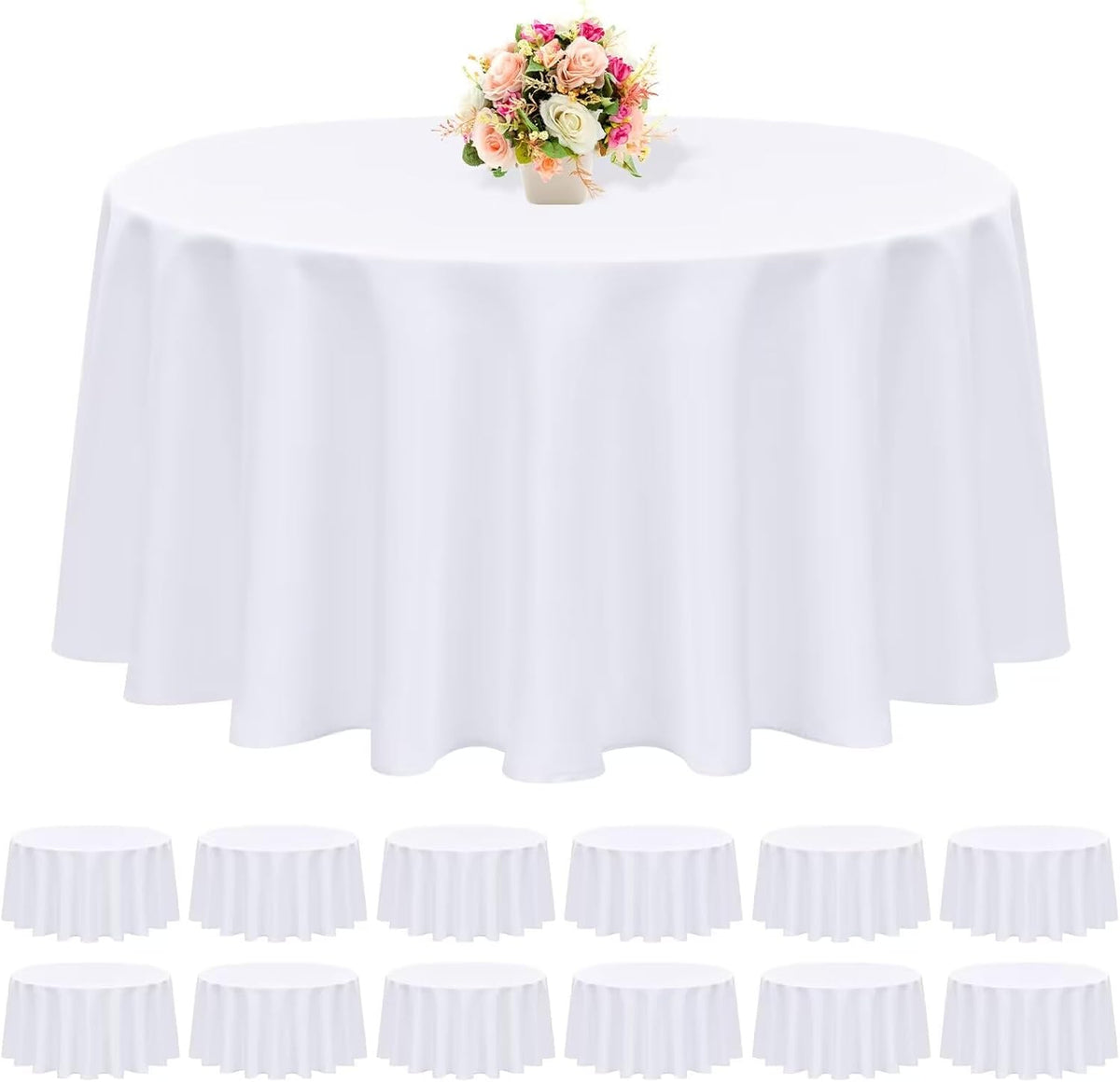 12 Pack Round Tablecloth 90 Inch - White Polyester Tablecloth for Round Table, Premium Stain and