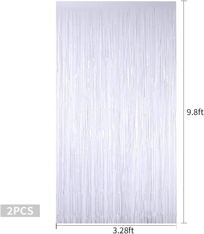 TONIFUL 2Pcs White Metallic Tinsel Foil Fringe Curtains,White Photo Booth Backdrop Streamer Curtain