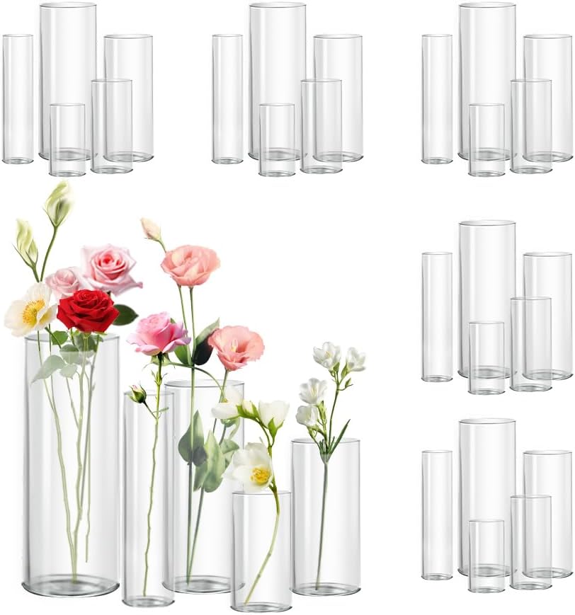 30pcs Glass Vase for Centerpieces, 4,6,7.5,8,10 inch Tall Clear Cylinder Flower Vase Bulk Floating