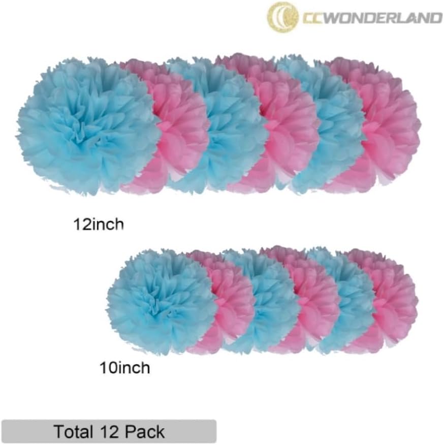 Pink and Blue Paper Pom Poms,Party Tissue Paper Flowers Balls for Baby Shower,Boy or Girl Gender