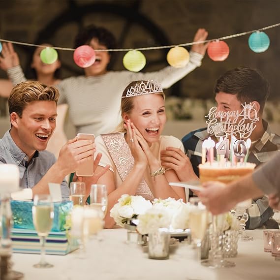 40th Birthday Decorations for Women, Including Crown/Tiara, Sash, Cake Topper and Candles, 40th