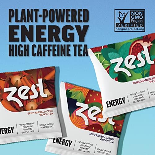 Zest 135-150mg High Caffeine Energy Leaf Blends - Variety Mini Sampler Pack - Black Tea & Green Tea