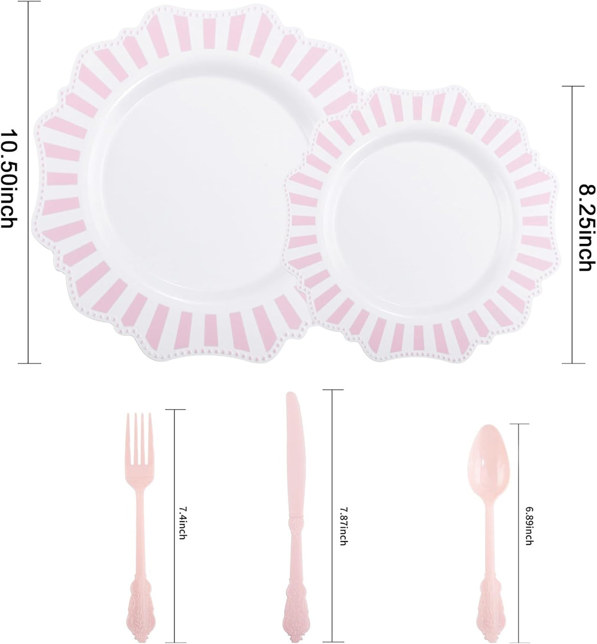 COLOSUS 150pcs Disposable Pink and White Stripped Plastic Plates and Silverware set, Light Pink