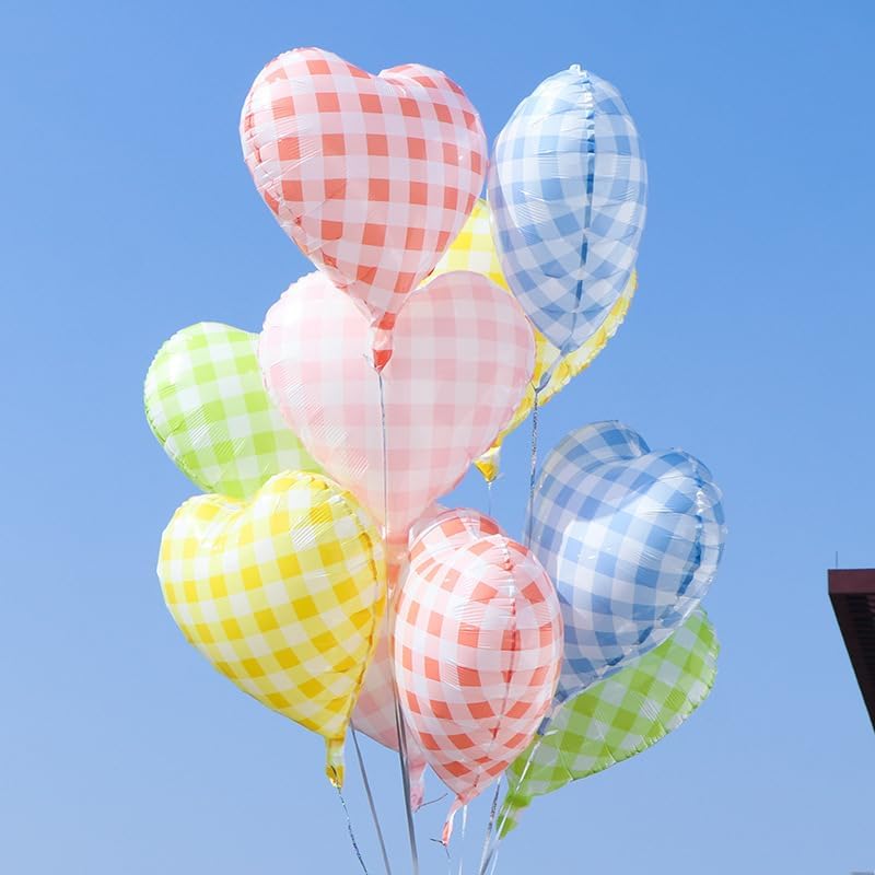 Red White Checkered Heart Balloons,12Pcs 18Inch Red Grid Heart Shaped Foil Helium Polyester Film