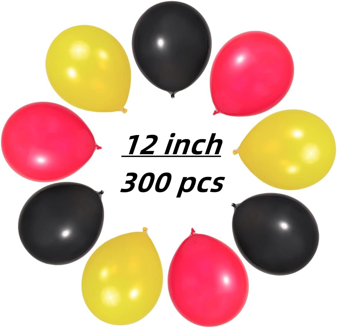 300 Pack Black Red Yellow Balloons 100 of each of the 3 colors 12 inch Black Red and Yellow Latex