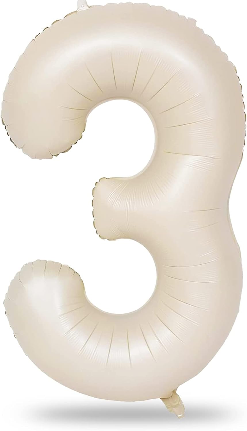 40 Inch Beige Large Numbers Balloons 3, Self Inflating Ivory White Digit 3 Helium Balloons for 3rd