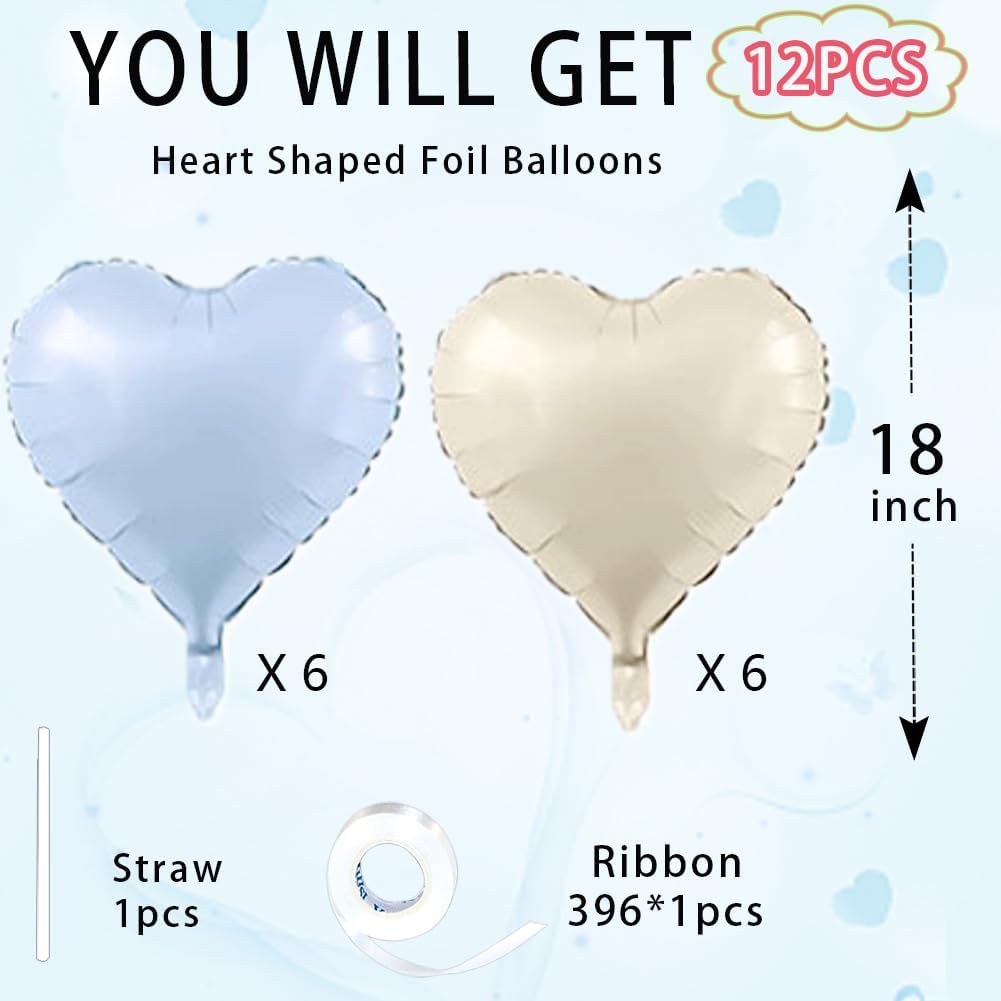 Baby White Heart Balloons，18 Inch Baby Blue Helium Foil Love Heart Shaped Balloons for Birthday