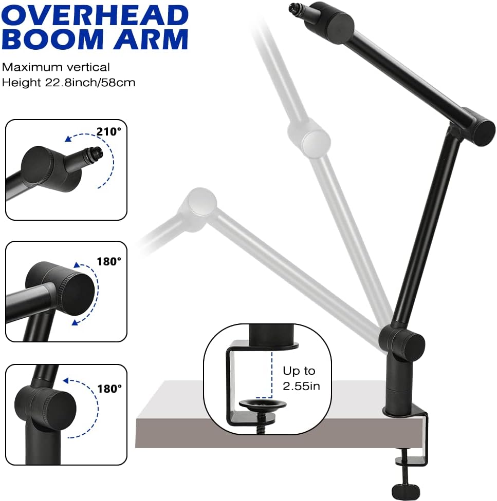 BOMGE Boom Arm Mic Stand - Adjustable Heavy Duty Suspension Boom Scissor Arm Stand with Cable