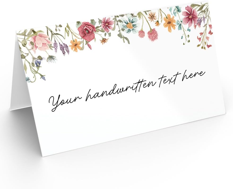 Printed Party Place Cards for Table Setting – Set of 25 Blank Name Cards – Wildflower Design for
