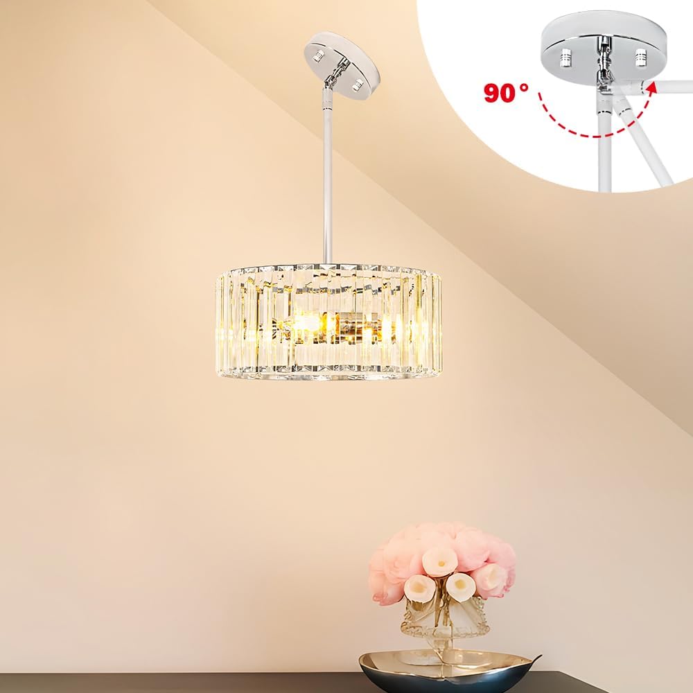 Modern Crystal Chandelier for Dining Room, Chrome Semi Flush Mount Ceiling Light Fixtures, Round