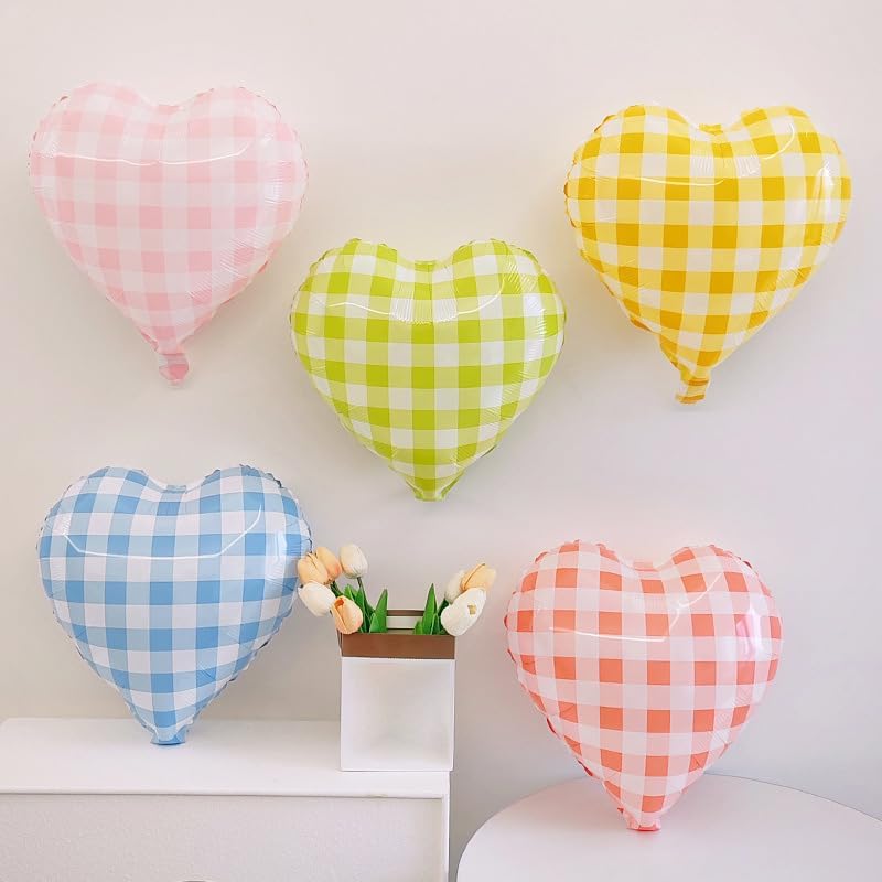 Pink Blue Checkered Heart Balloons,12Pcs 18Inch Blue Pink Grid Heart Shaped Foil Helium Polyester