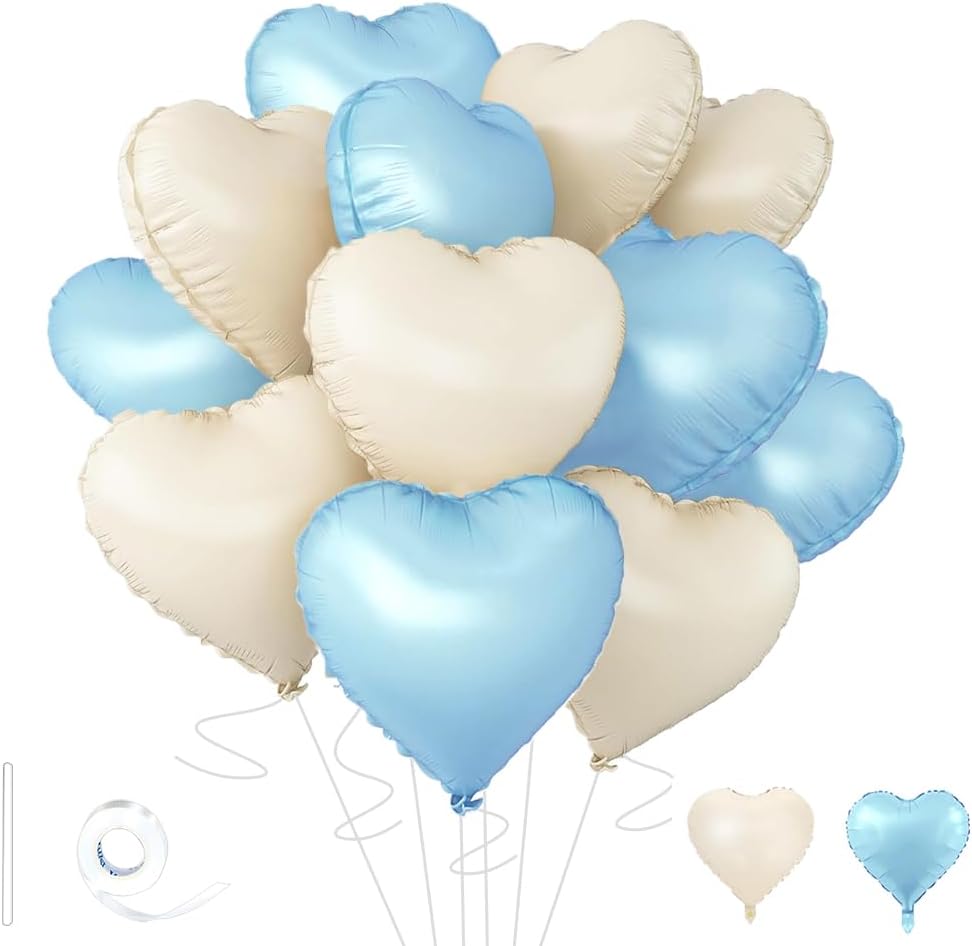Baby White Heart Balloons，18 Inch Baby Blue Helium Foil Love Heart Shaped Balloons for Birthday