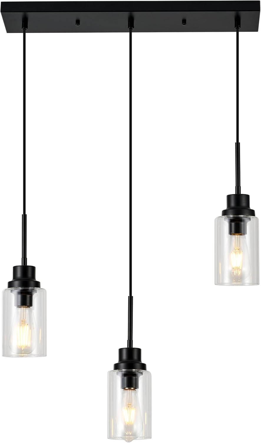 3-Lights Pendant Light Fixtures, Modern Black Kitchen Island Lighting with Clear Glass Shade