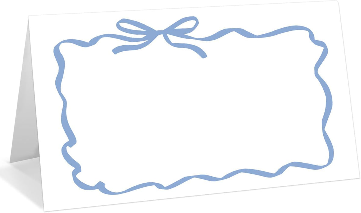 25 Pack Blue Bow Wave Place Cards, Editable Name Cards for Table Setting, Tent Cards Food Label for