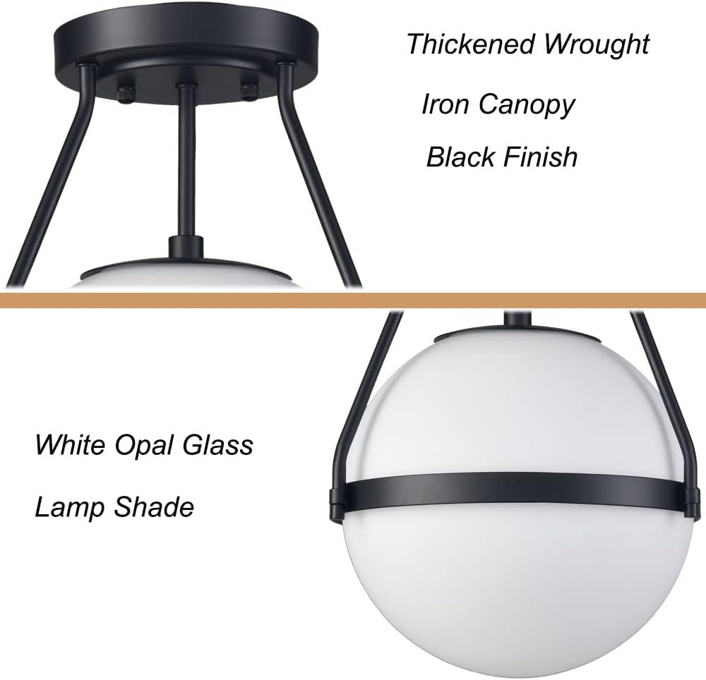 HOLKIRT Modern Globe Semi Flush Mount Ceiling Light,Black Ceiling Light Fixture with Opal Glass
