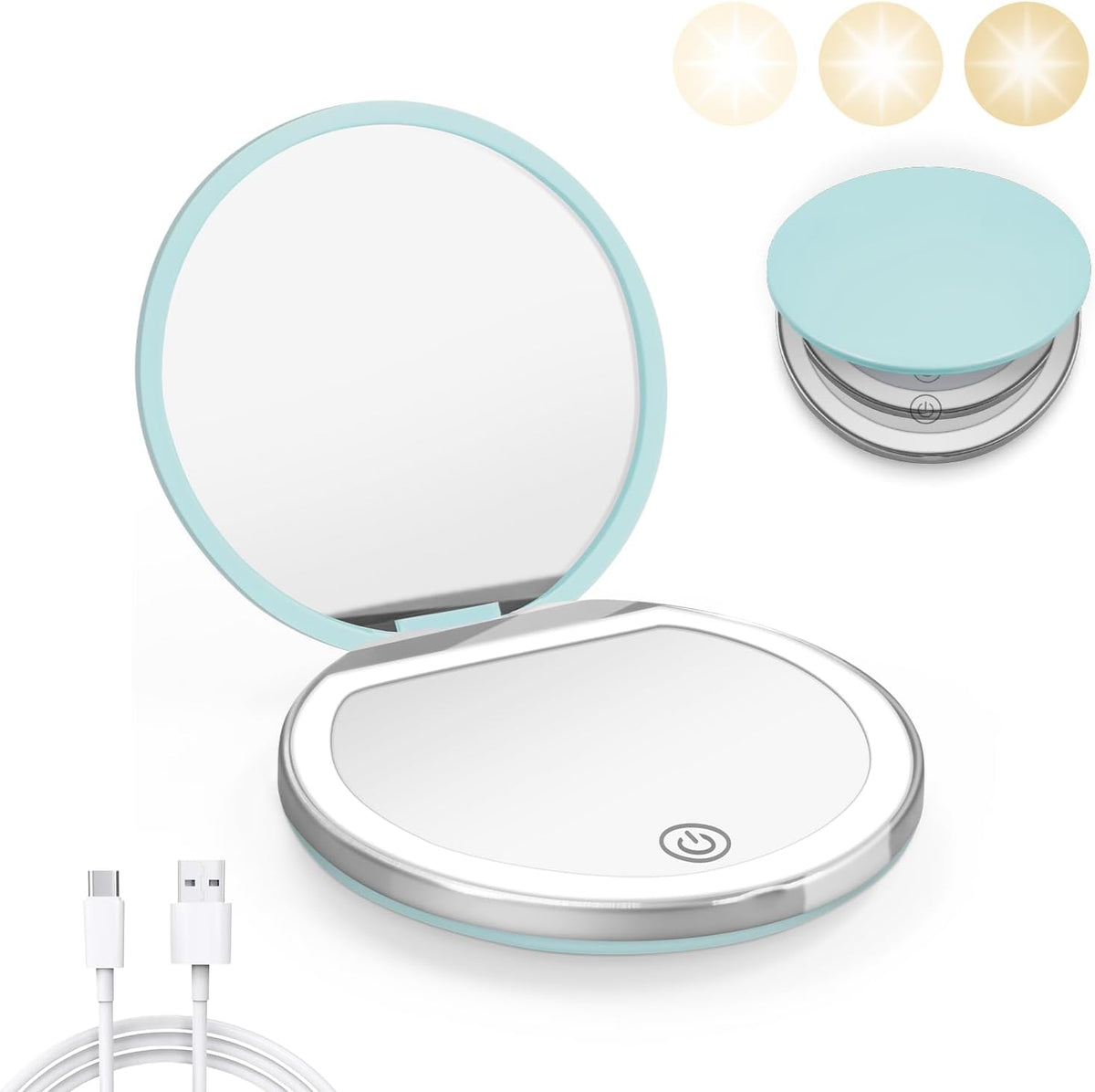 Compact Mirror with Light, 1X/3X Magnification LED Pocket Mirror with USB Data Cable,Mini Mirror