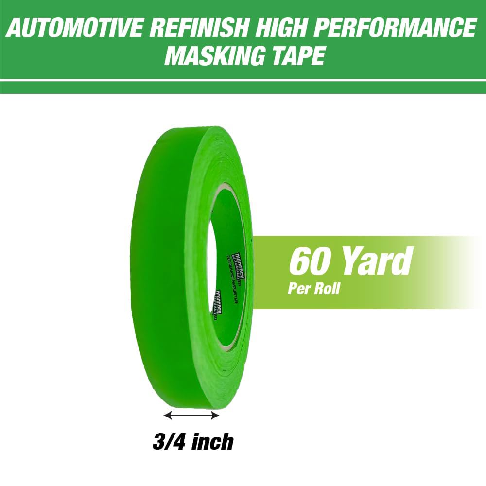 LAUCO DINOGREN High Performance Automotive Masking Tape (0.75 in x 60 yd, 12 Rolls) – Green Crepe