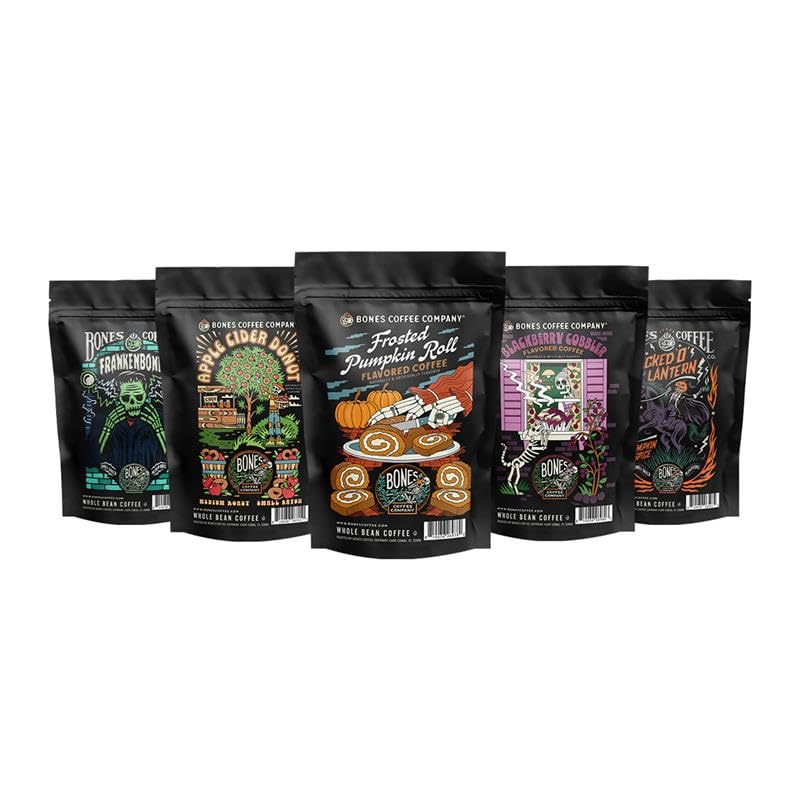 Bones Coffee Company Fall Favorites Pack, 5 Assorted Flavored Coffee Low Acid Medium Roast Arabica