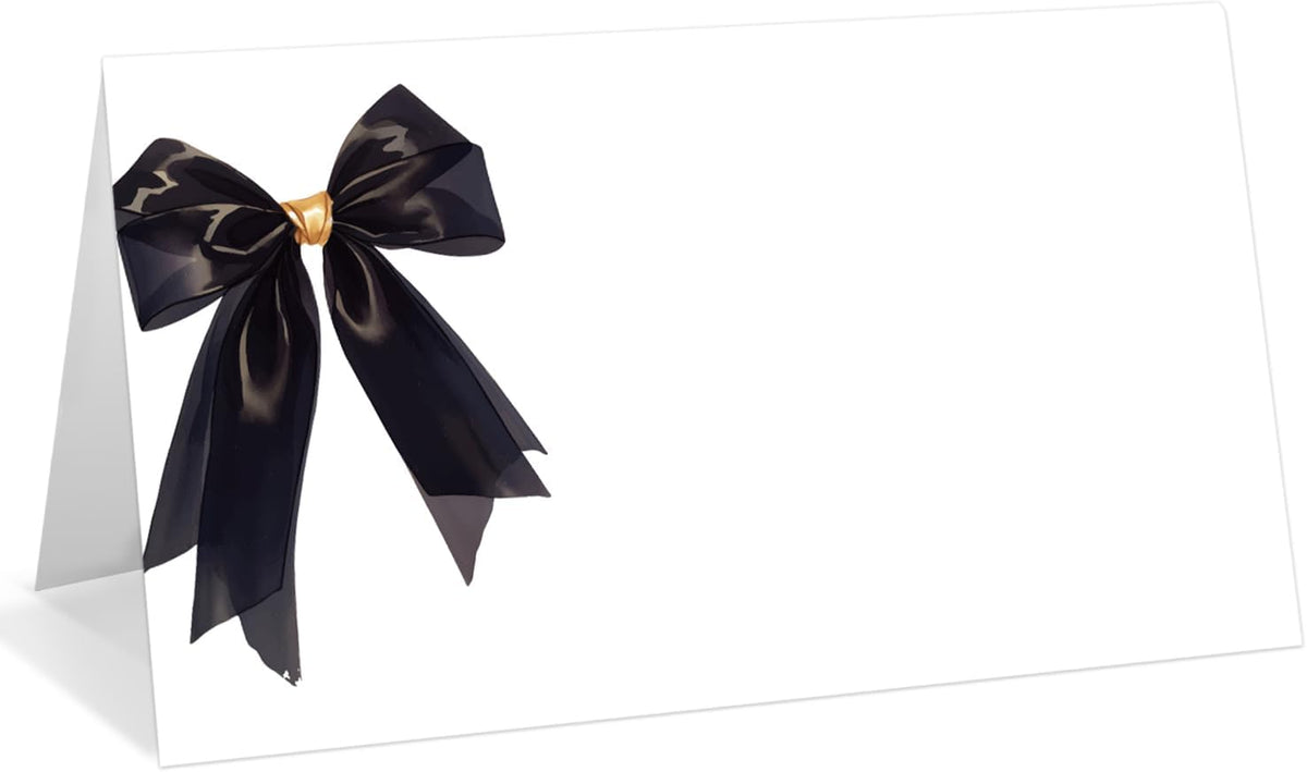 25 Pack Black Bow Place Cards, Editable Name Cards for Table Setting, Tent Cards Food Label for